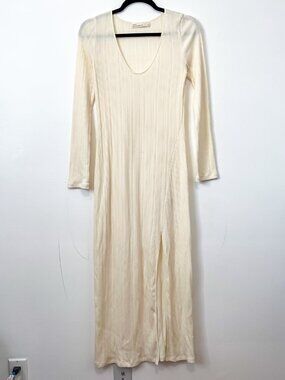 Oak + Fort Midi Beige Ribbed Long Sleeve Dress